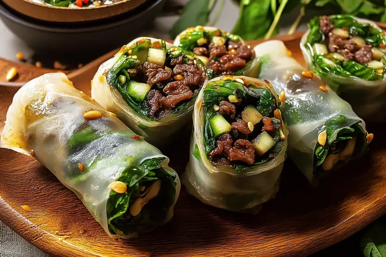 Fresh Thai Basil Beef Rolls filled with tender beef, herbs, and crunchy vegetables on a wooden plate.