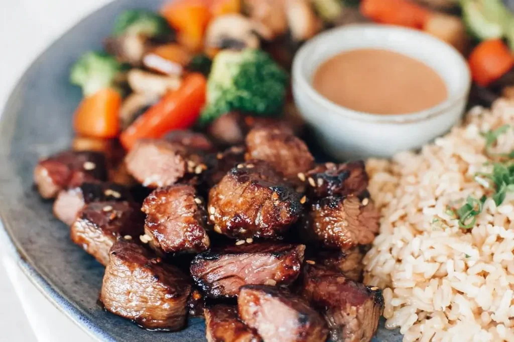 Hibachi Steak with brown rice, dipping sauce, and stir-fried vegetables on a blue plate.