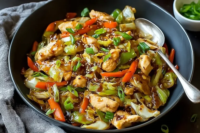 Chinese chicken and cabbage stir fry in a black bowl with colorful vegetables and savory sauce