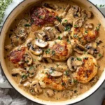 Mushroom Chicken simmering in creamy sauce with sautéed mushrooms and herbs in a skillet