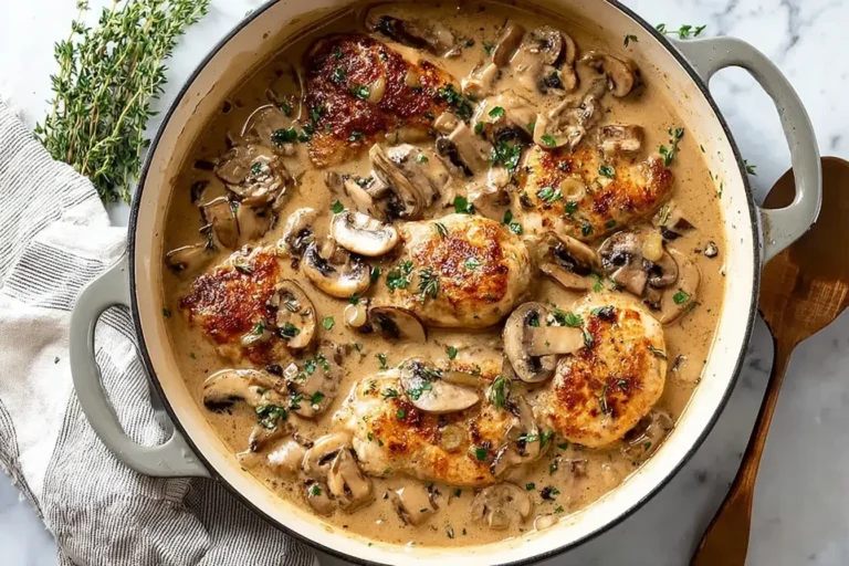 Mushroom Chicken simmering in creamy sauce with sautéed mushrooms and herbs in a skillet