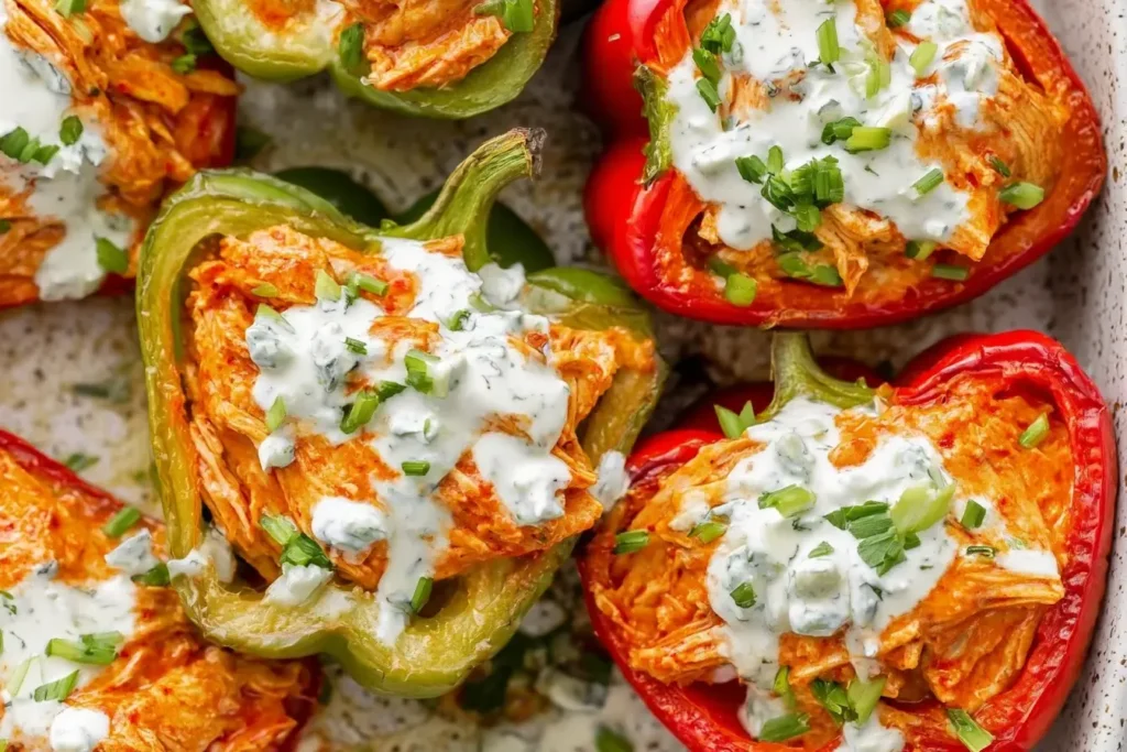 Buffalo Chicken Stuffed Peppers topped with dairy-free ranch and fresh herbs in a baking dish.