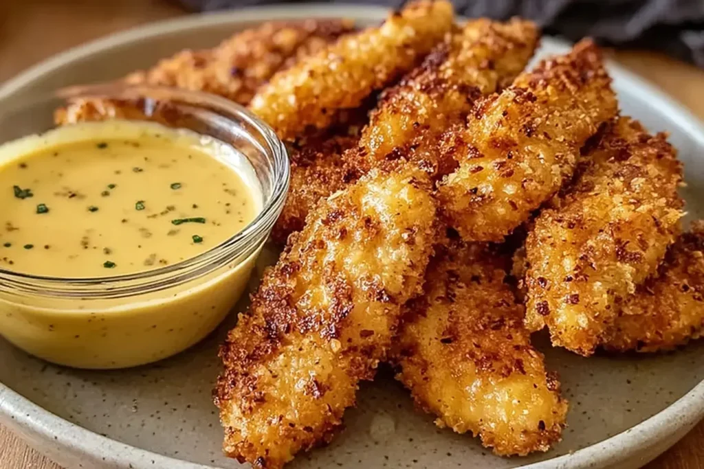 Crispy Mustard Chicken Tenders served with honey mustard dipping sauce on a gray plate.