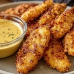 Crispy Mustard Chicken Tenders served with honey mustard dipping sauce on a gray plate.