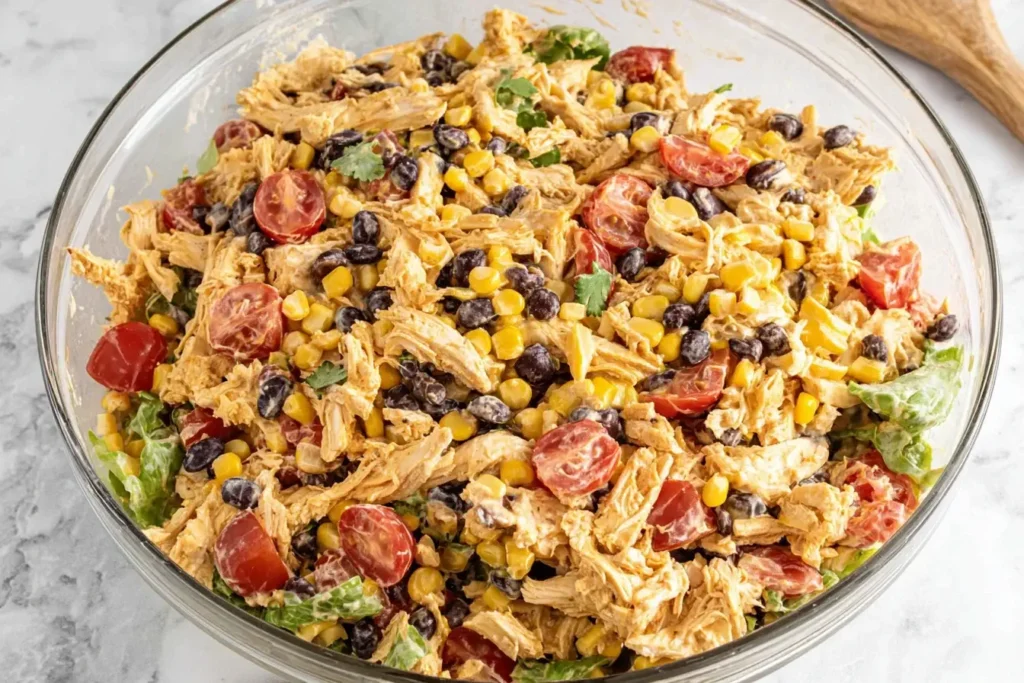 Southwest Chicken Salad with shredded chicken, black beans, corn, cherry tomatoes, and creamy lime dressing in a glass bowl