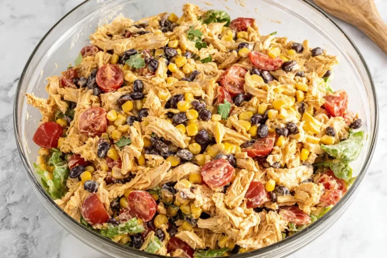 Southwest Chicken Salad with shredded chicken, black beans, corn, cherry tomatoes, and creamy lime dressing in a glass bowl