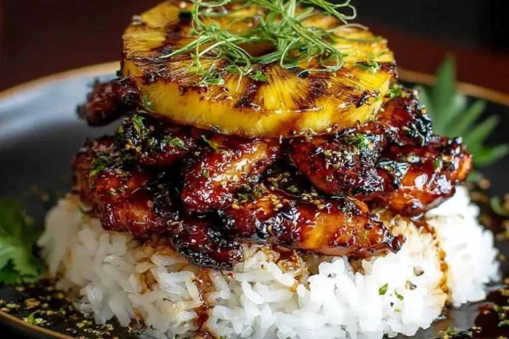 Grilled Hawaiian Huli Huli Chicken Stack with pineapple slice over white rice, glazed in teriyaki sauce and garnished with green onions.