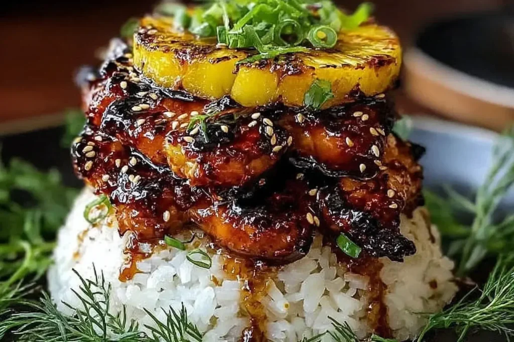 Close-up of Hawaiian Huli Huli Chicken Stack with grilled pineapple, sesame seeds, and scallions over white rice.