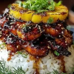 Close-up of Hawaiian Huli Huli Chicken Stack with grilled pineapple, sesame seeds, and scallions over white rice.