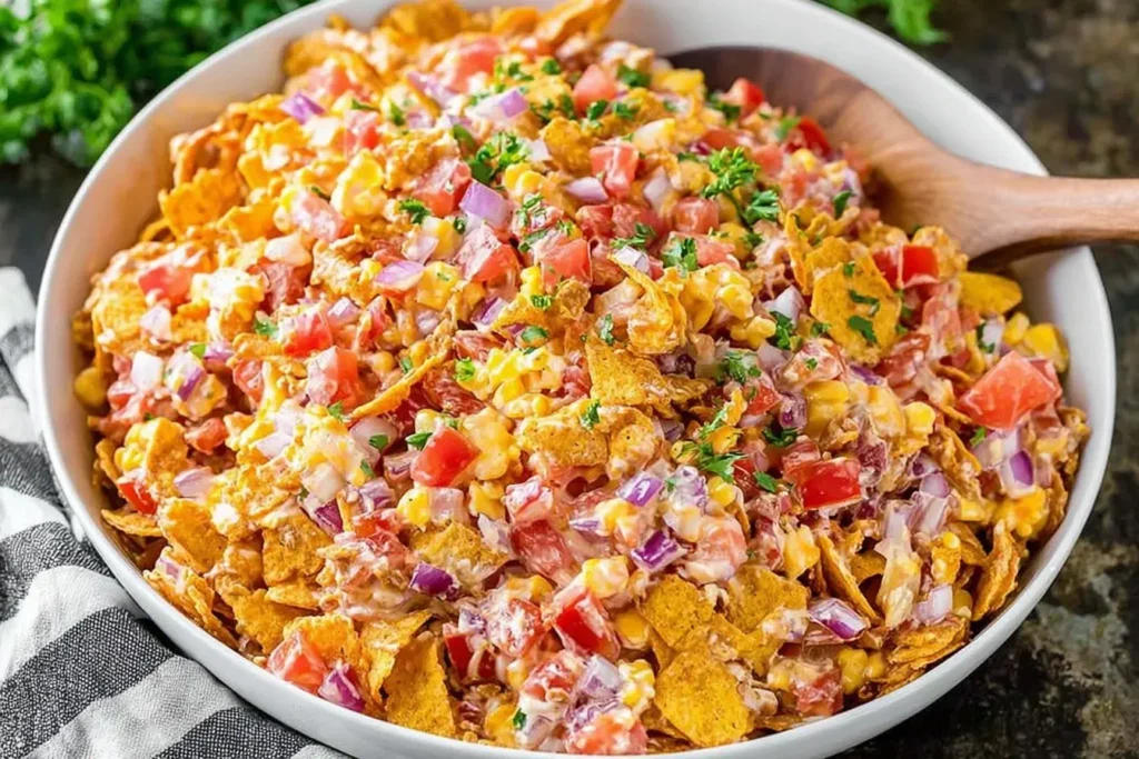 Close-up of Fritos Chili Cheese Salad in a white bowl, featuring chili Fritos, chopped red bell peppers, purple onions, corn, cheddar cheese, and creamy dressing.