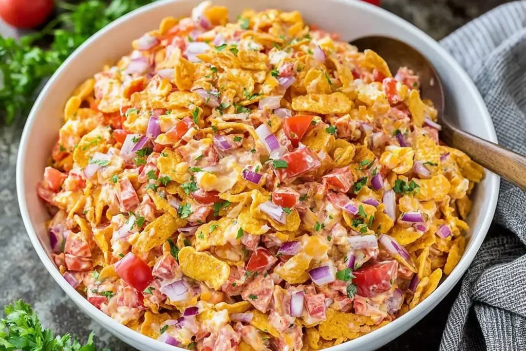 Colorful bowl of Fritos Chili Cheese Salad with corn, red bell peppers, purple onion, cheddar cheese, and chili Fritos mixed in creamy dressing