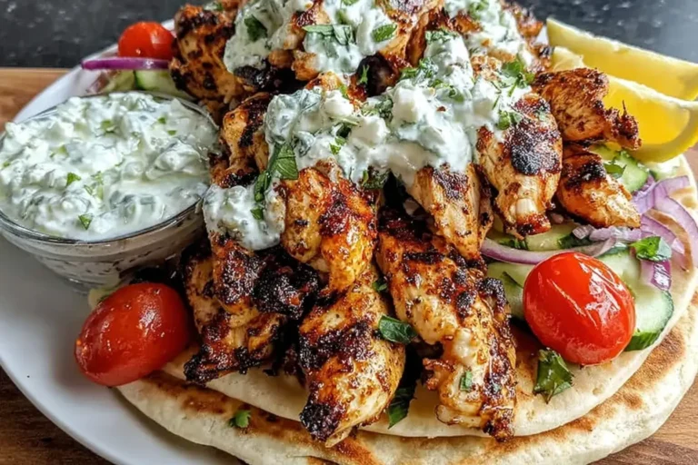 Greek Chicken Gyros with Lemon-Herb Marinade topped with tzatziki sauce, fresh vegetables, and served with lemon wedges