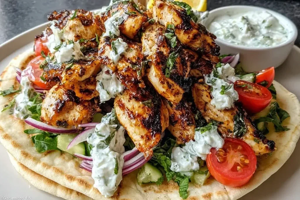 Grilled Greek Chicken Gyros with Lemon-Herb Marinade served on pita with tzatziki, tomatoes, lettuce, and red onions