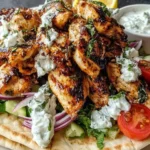 Grilled Greek Chicken Gyros with Lemon-Herb Marinade served on pita with tzatziki, tomatoes, lettuce, and red onions