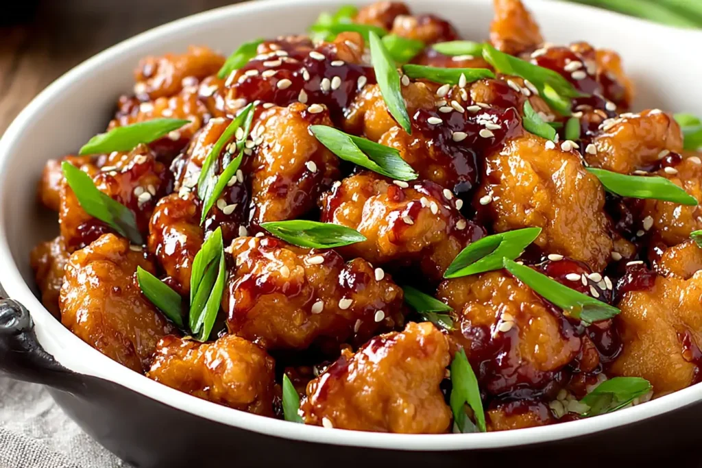 Crispy Mongolian Chicken topped with sesame seeds and sliced green onions in a savory-sweet sauce.