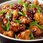 Crispy Mongolian Chicken topped with sesame seeds and sliced green onions in a savory-sweet sauce.