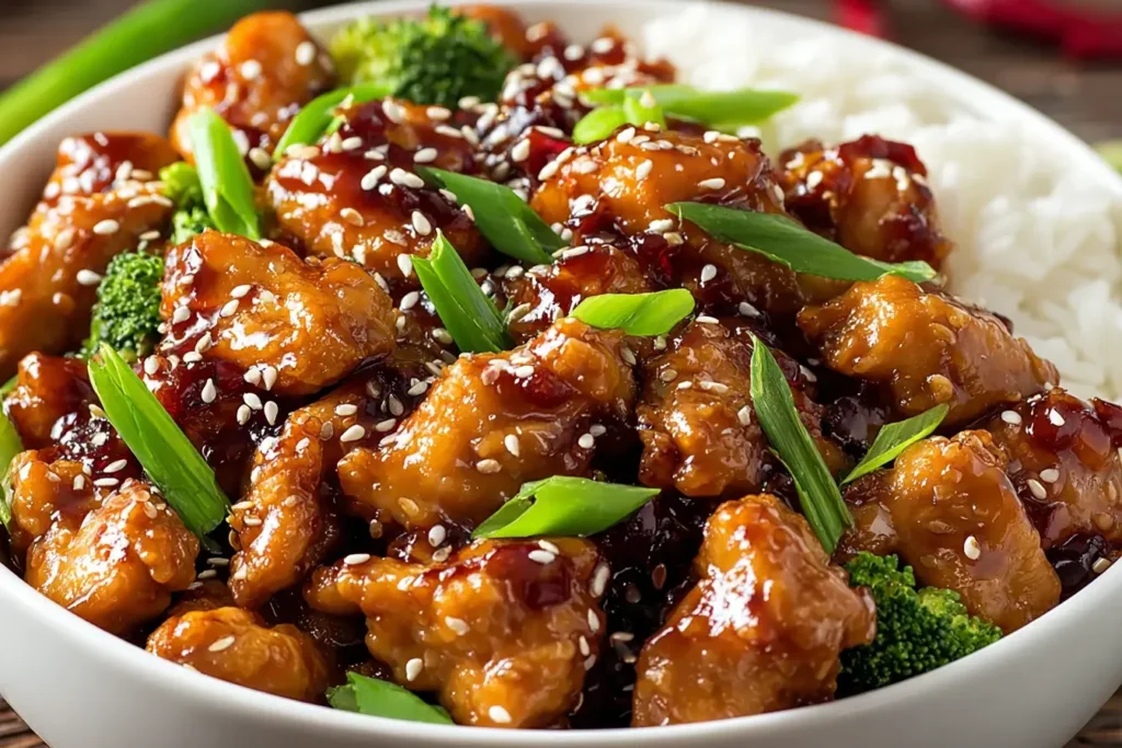 Mongolian Chicken served with steamed rice and broccoli, topped with sesame seeds and green onions.