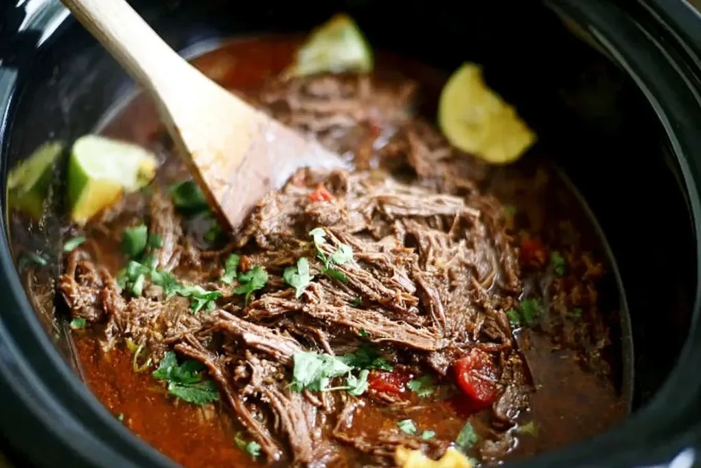 Slow Cooker Barbacoa beef simmering in rich sauce with lime wedges and cilantro, stirred with a wooden spoon.