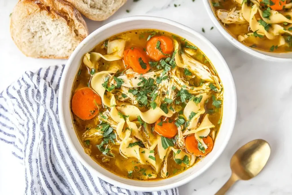 Bowl of Chicken Noodle Soup with carrots, egg noodles, and parsley, served with bread.