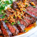 Juicy Garlic Butter Brazilian Steak sliced and topped with golden garlic butter sauce and parsley on a plate.