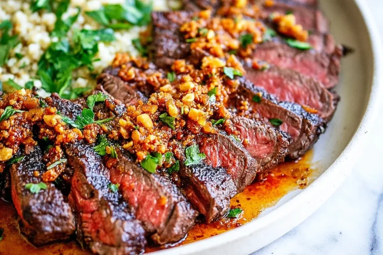 Juicy Garlic Butter Brazilian Steak sliced and topped with golden garlic butter sauce and parsley on a plate.