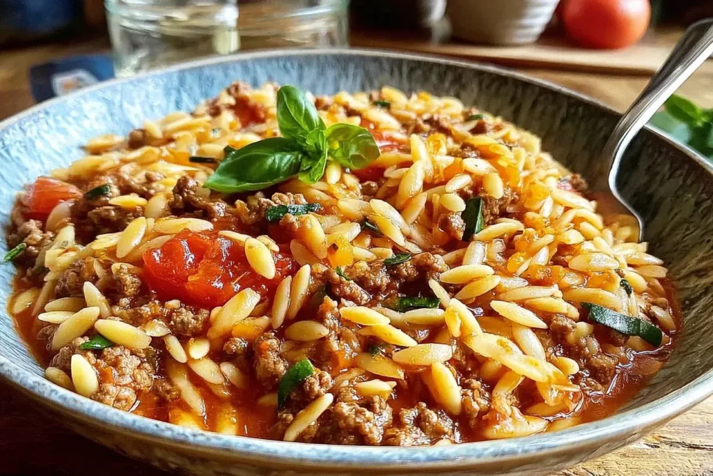Close-up of a hearty bowl of Ground Beef Orzo topped with fresh basil, showcasing tender orzo pasta, savory ground beef, and juicy tomatoes.