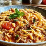 Close-up of a hearty bowl of Ground Beef Orzo topped with fresh basil, showcasing tender orzo pasta, savory ground beef, and juicy tomatoes.