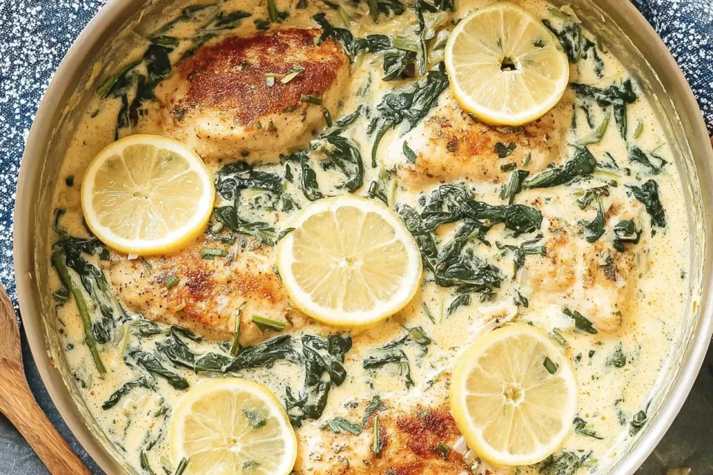 Skillet of Lemon Spinach Parmesan Chicken with creamy sauce, fresh spinach, and lemon slices