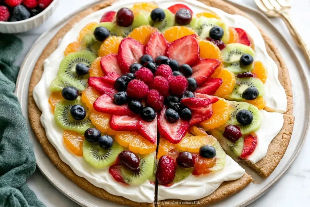Fruit Pizza with a sugar cookie crust, cream cheese frosting, and vibrant layers of strawberries, kiwi, blueberries, raspberries, and mandarins
