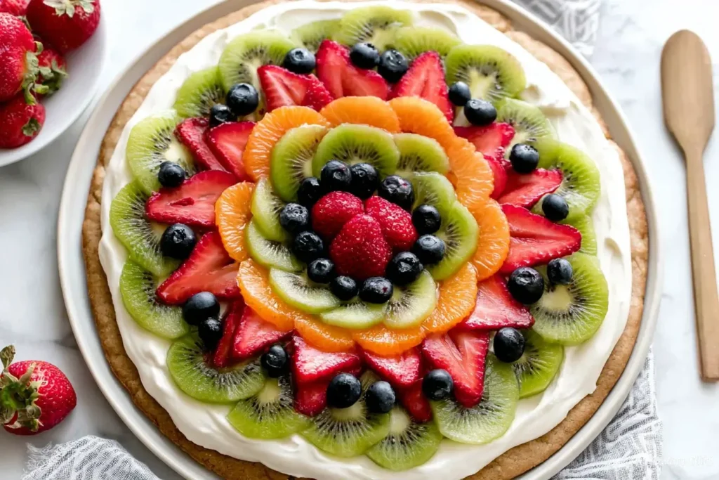 Fruit Pizza topped with fresh strawberries, kiwi, blueberries, and mandarin oranges on a sugar cookie crust with cream cheese frosting