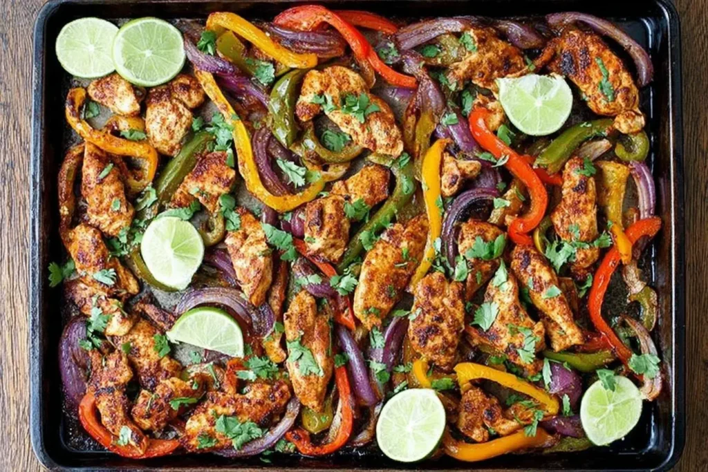 Sheet Pan Chicken Fajitas with spiced chicken pieces, colorful bell peppers, red onions, lime slices, and fresh cilantro on a baking sheet