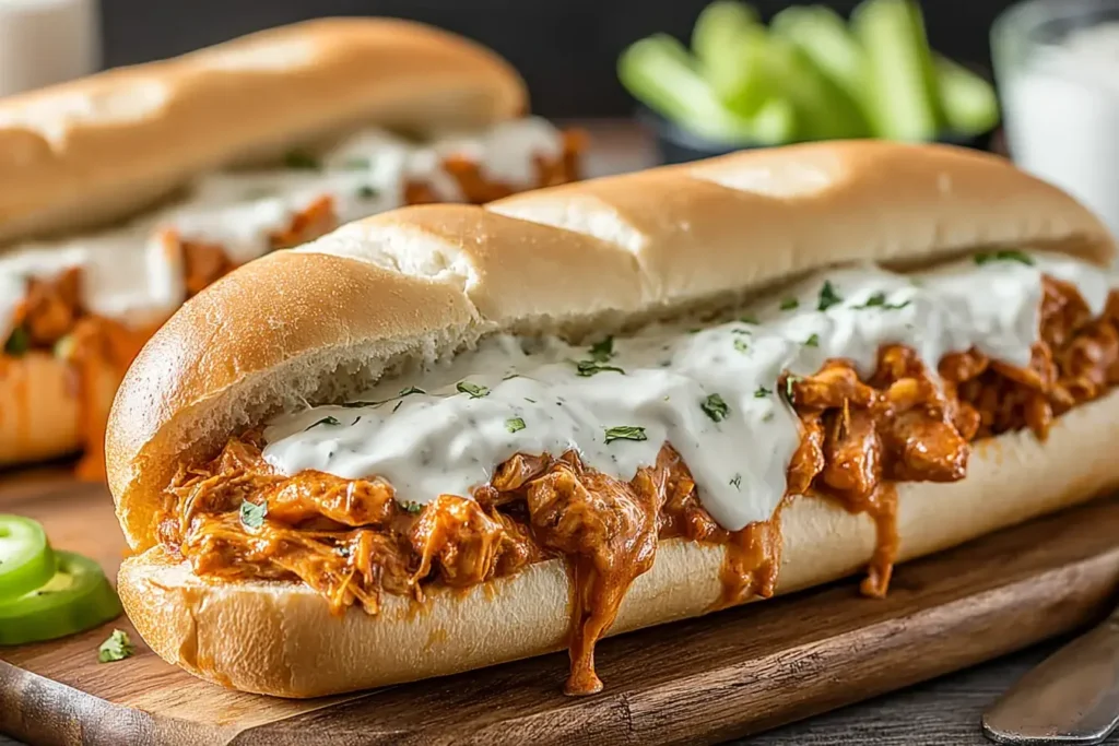 Close-up of a Buffalo Chicken Cheesesteak topped with creamy ranch dressing on a toasted hoagie roll.