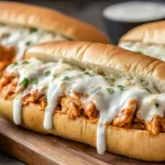 Close-up of a Buffalo Chicken Cheesesteak sandwich topped with melted cheese and ranch drizzle on a hoagie roll.