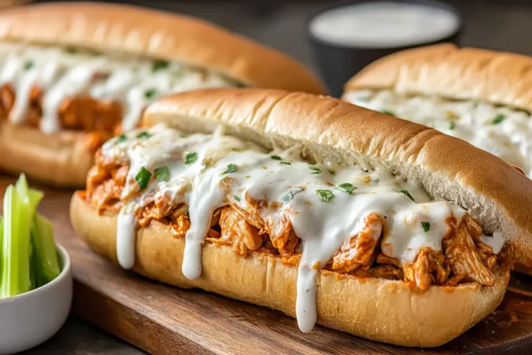 Close-up of a Buffalo Chicken Cheesesteak sandwich topped with melted cheese and ranch drizzle on a hoagie roll.