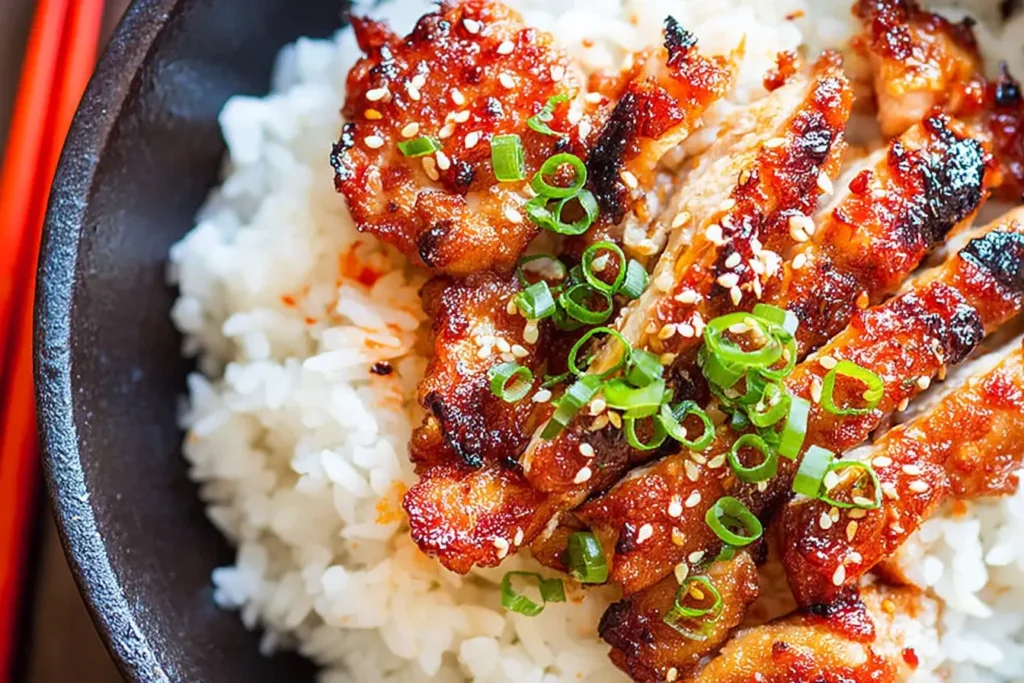 Close-up of Spicy Korean Chicken on steamed rice with sesame seeds and green onions