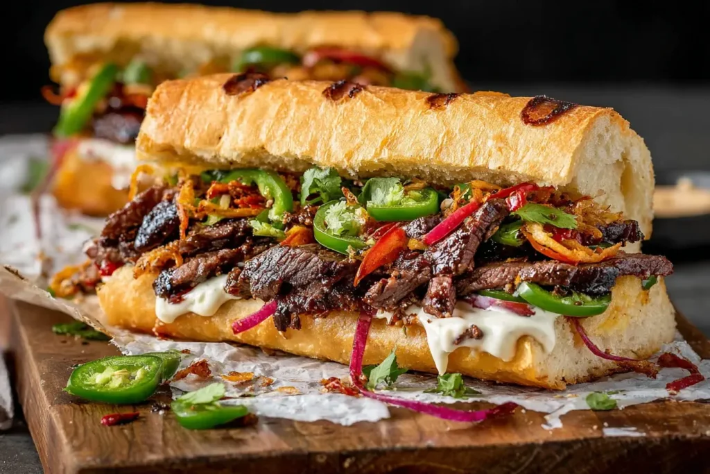 Close-up of a Korean Steak Sandwich loaded with sliced ribeye, jalapenos, garlic mayo, and vegetables on crusty bread.