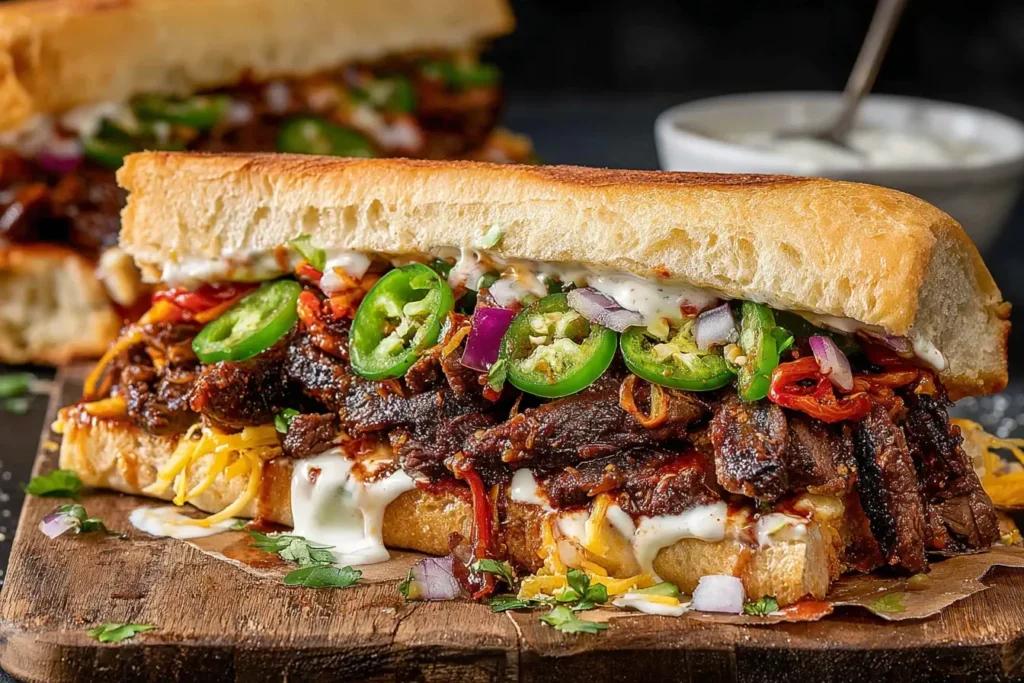 Close-up of Korean Steak Sandwich with jalapenos, garlic mayo, melted cheese, and caramelized steak on crusty bread.