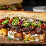 Close-up of Korean Steak Sandwich with jalapenos, garlic mayo, melted cheese, and caramelized steak on crusty bread.