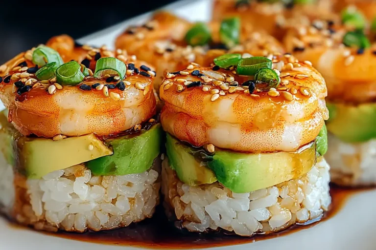 Close-up of spicy shrimp sushi stacks layered with rice, avocado, shrimp, sesame seeds, and green onions.