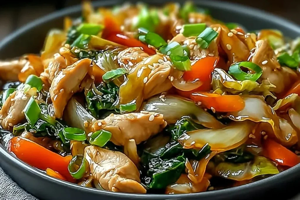 Chinese chicken and cabbage stir fry with colorful vegetables in a savory sauce