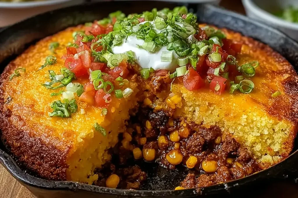 Texas Tamale Pie in a cast iron skillet with a golden cornbread crust, topped with sour cream, diced tomatoes, and green onions, showing beef and corn filling.