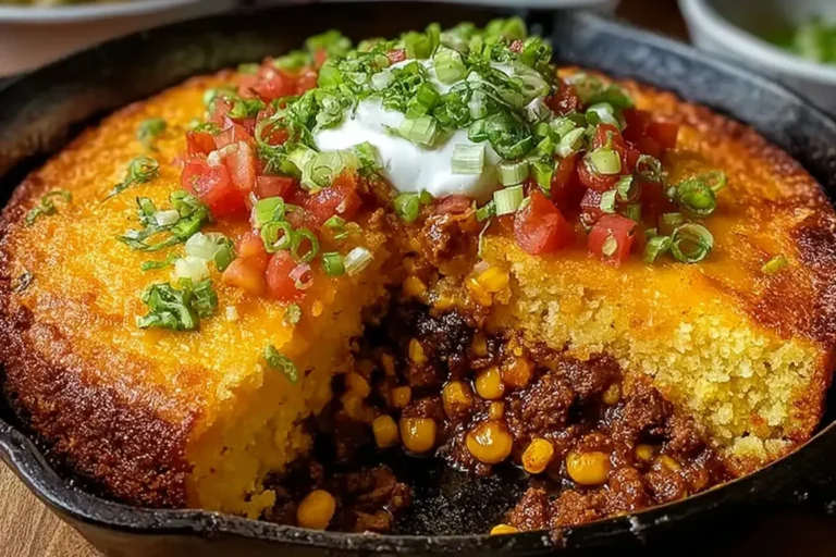 Texas Tamale Pie in a cast iron skillet with a golden cornbread crust, topped with sour cream, diced tomatoes, and green onions, showing beef and corn filling.