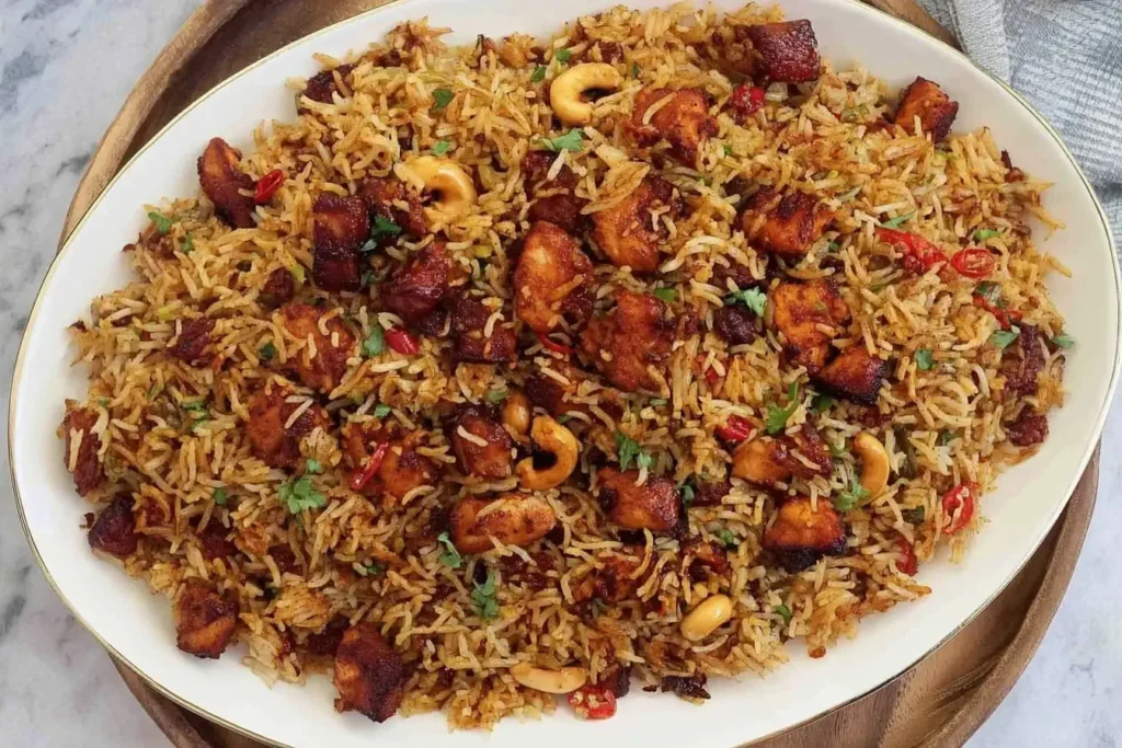 Spicy BBQ Chicken Fried Rice with a Japanese BBQ twist, garnished with cashews, red chili slices, and herbs on a white platter.