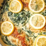 Close-up of Lemon Spinach Parmesan Chicken with creamy sauce, fresh spinach, and lemon slices in a skillet