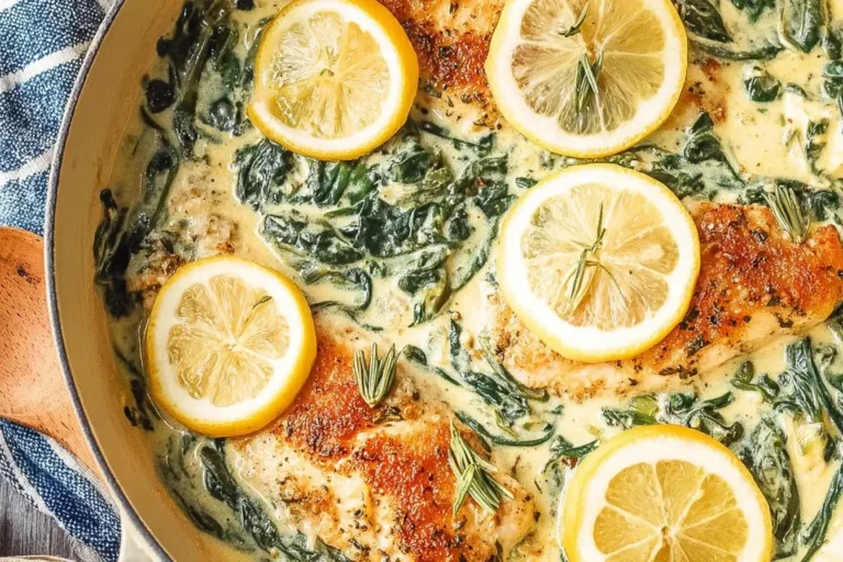 Close-up of Lemon Spinach Parmesan Chicken with creamy sauce, fresh spinach, and lemon slices in a skillet