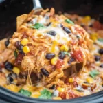 Crockpot Chicken Enchilada Casserole being served with melted cheese, corn, black beans, and tender chicken in a slow cooker.
