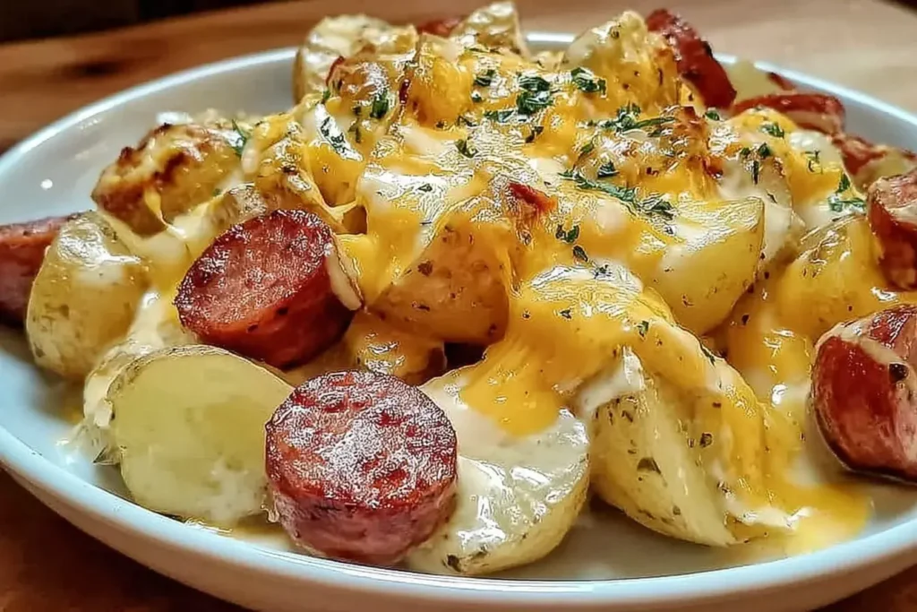 Cheesy Ranch Potatoes and Smoked Sausage with melted cheddar cheese and sliced sausage served in a white dish