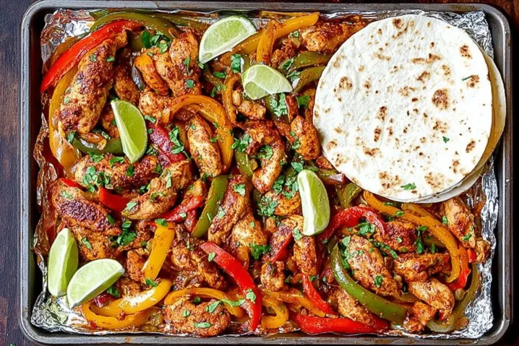 Sheet Pan Chicken Fajitas with colorful bell peppers, juicy chicken strips, lime wedges, and warm tortillas on a foil-lined baking sheet.