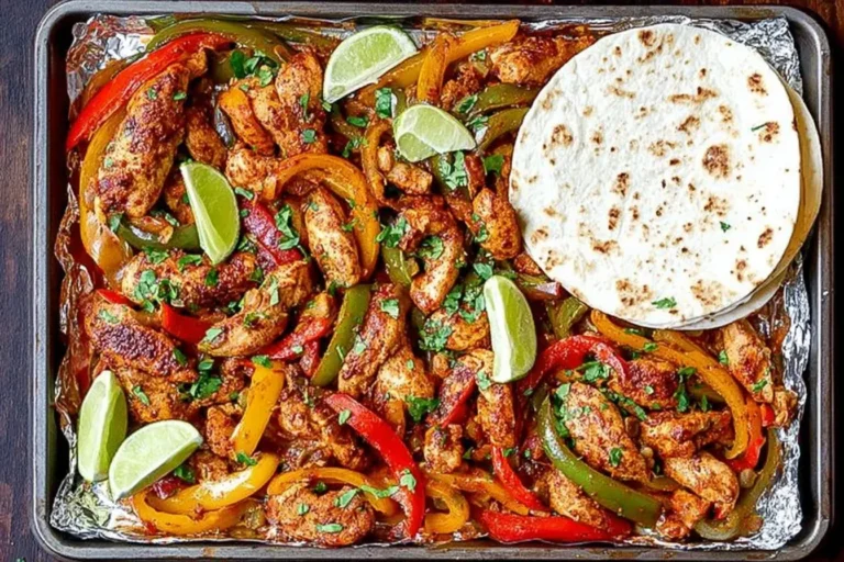 Sheet Pan Chicken Fajitas with colorful bell peppers, juicy chicken strips, lime wedges, and warm tortillas on a foil-lined baking sheet.