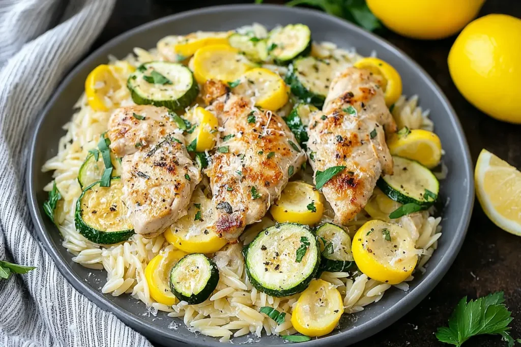 Healthy Chicken Breast with Zucchini and Squash served over orzo pasta, garnished with fresh herbs and lemon, creating a vibrant, wholesome meal.
